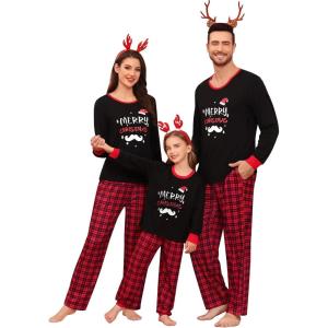 SWOMOG Couple Matching Pajamas Set Christmas Pajamas Long Sleeve Button Down Pj Set Festival Party Xmas Sleepwear(Z-black Merry Christmas)