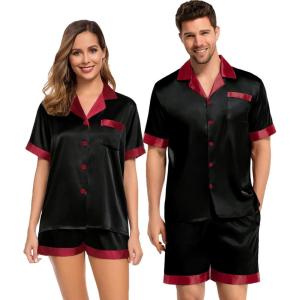 SWOMOG Couples Pajama Set Women & Men Silk Satin Short Sleeve Set Top and Shorts Sleepwear Soft Button-Down Loungewear(Black/Red)