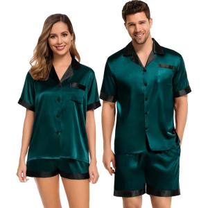 SWOMOG Couples Pajama Set Women & Men Silk Satin Short Sleeve Set Top and Shorts Sleepwear Soft Button-Down Loungewear(Deep Green)