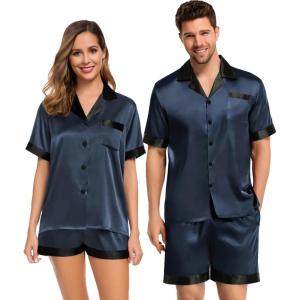 SWOMOG Couples Pajama Set Women & Men Silk Satin Short Sleeve Set Top and Shorts Sleepwear Soft Button-Down Loungewear(Deep Grey)