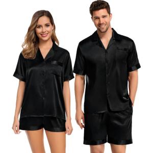 SWOMOG Couples Pajama Set Women & Men Silk Satin Short Sleeve Set Top and Shorts Sleepwear Soft Button-Down Loungewear(Pure Black)