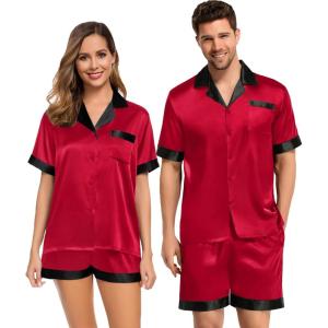 SWOMOG Couples Pajama Set Women & Men Silk Satin Short Sleeve Set Top and Shorts Sleepwear Soft Button-Down Loungewear(Red)