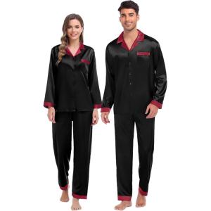 SWOMOG Couples Pajama Sets Men & Women Satin Long Sleeve Sleepwear Silky Classic Button Down Soft Loungewear Pjs Set(Black)