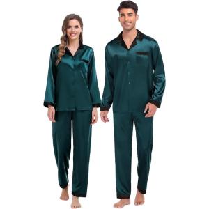 SWOMOG Couples Pajama Sets Men & Women Satin Long Sleeve Sleepwear Silky Classic Button Down Soft Loungewear Pjs Set(Deep Green)