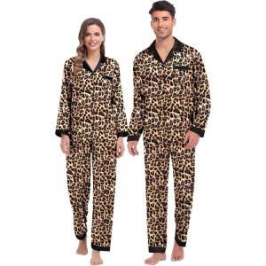 SWOMOG Couples Pajama Sets Men & Women Satin Long Sleeve Sleepwear Silky Classic Button Down Soft Loungewear Pjs Set(Leopard Print)