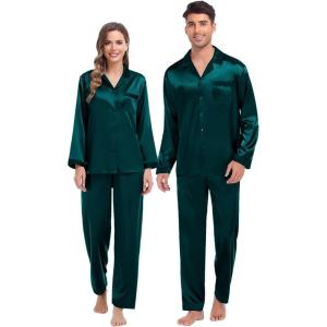 SWOMOG Couples Pajama Sets Men & Women Satin Long Sleeve Sleepwear Silky Classic Button Down Soft Loungewear Pjs Set(Pure Dark Green)