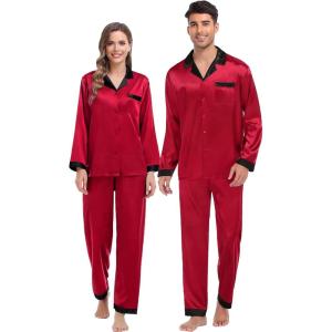 SWOMOG Couples Pajama Sets Men & Women Satin Long Sleeve Sleepwear Silky Classic Button Down Soft Loungewear Pjs Set(Red)
