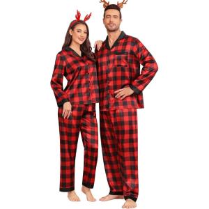 SWOMOG Couples Pajama Sets Men & Women Satin Long Sleeve Sleepwear Silky Classic Button Down Soft Loungewear Pjs Set(Red Black Plaid)