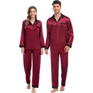 SWOMOG Couples Pajama Sets Men & Women Satin Long Sleeve Sleepwear Silky Classic Button Down Soft Loungewear Pjs Set(Wine Red)