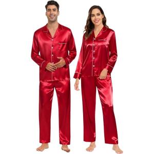 SWOMOG Couples Satin Pajamas Set Womens & Mens Matching Silk Long Sleeve Sleepwear 2 Piece Button Down Pjs Set Lounge Set(Red)