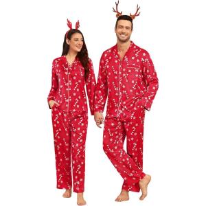 SWOMOG Couples Satin Pajamas Set Womens & Mens Matching Silk Long Sleeve Sleepwear 2 Piece Button Down Pjs Set Lounge Set(Red Candy)