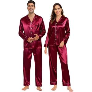SWOMOG Couples Satin Pajamas Set Womens & Mens Matching Silk Long Sleeve Sleepwear 2 Piece Button Down Pjs Set Lounge Set(Wine Red)