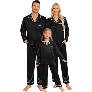 SWOMOG Family Christmas Pajamas Matching Sets Silk Family Pajamas Long Sleeve Button Down Pj Set(Black)