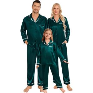 SWOMOG Family Christmas Pajamas Matching Sets Silk Family Pajamas Long Sleeve Button Down Pj Set(Dark Green)