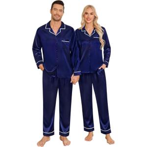 SWOMOG Family Christmas Pajamas Matching Sets Silk Family Pajamas Long Sleeve Button Down Pj Set(Deep Navy Blue)