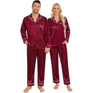 SWOMOG Family Christmas Pajamas Matching Sets Silk Family Pajamas Long Sleeve Button Down Pj Set(Deep Wine Red)