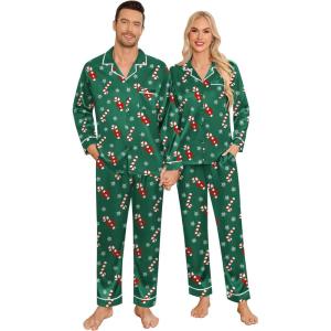 SWOMOG Family Christmas Pajamas Matching Sets Silk Family Pajamas Long Sleeve Button Down Pj Set(Green Candy Crutch)