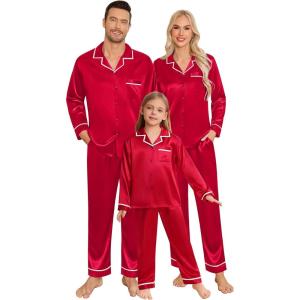 SWOMOG Family Christmas Pajamas Matching Sets Silk Family Pajamas Long Sleeve Button Down Pj Set(Red)