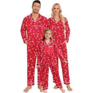 SWOMOG Family Christmas Pajamas Matching Sets Silk Family Pajamas Long Sleeve Button Down Pj Set(Red Candy Crutch)