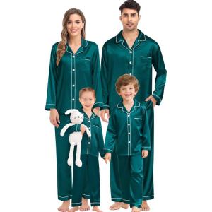 SWOMOG Family Matching Pajama Set Silky Satin Pajamas Long Sleeve Sleepwear Button Down Loungewear 2 Pcs Pj Set(Green)