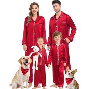 SWOMOG Family Matching Pajama Set Silky Satin Pajamas Long Sleeve Sleepwear Button Down Loungewear 2 Pcs Pj Set(Red)