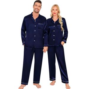 SWOMOG Family Matching Pajama Set Silky Satin Pajamas Long Sleeve Sleepwear Button Down Loungewear 2 Pcs Pj Set(Z- Deep Navy Blue With Classic Collar)
