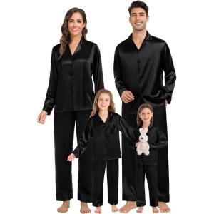 SWOMOG Family Matching Pajamas Silk Satin Long Sleeve Sleepwear Soft Button Down Loungewear 2 Pcs Pj Set(Black)