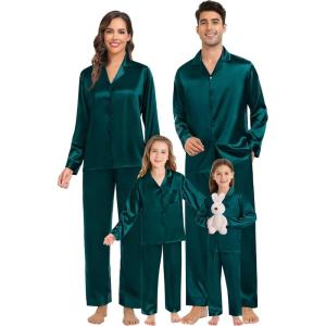 SWOMOG Family Matching Pajamas Silk Satin Long Sleeve Sleepwear Soft Button Down Loungewear 2 Pcs Pj Set(Dark Green)