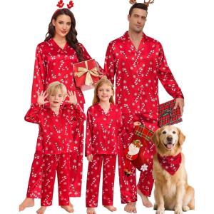 SWOMOG Family Matching Pajamas Silk Satin Long Sleeve Sleepwear Soft Button Down Loungewear 2 Pcs Pj Set(Red Candy Cane)