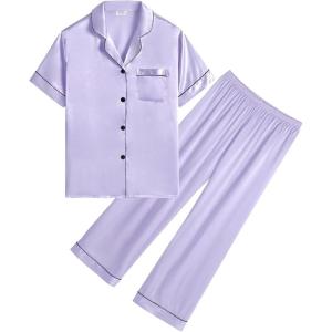 SWOMOG Girls Boys Silk Satin Pajamas Set Button-Down Two-Piece PJs Lounge Sets with Long Pants(Pants-lavender)