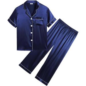 SWOMOG Girls Boys Silk Satin Pajamas Set Button-Down Two-Piece PJs Lounge Sets with Long Pants(Pants-navy Blue)