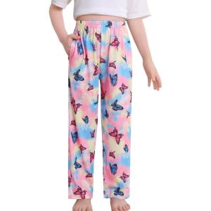 SWOMOG Girls Comfy Pajama Pants Ultra-Soft Long Lounge Pj Bottoms with Pockets for Lounge, Sleepovers(Butterfly)