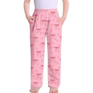 SWOMOG Girls Comfy Pajama Pants Ultra-Soft Long Lounge Pj Bottoms with Pockets for Lounge, Sleepovers(Pink Bow)
