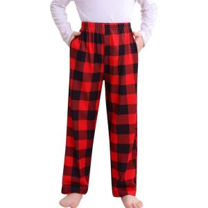 SWOMOG Girls Comfy Pajama Pants Ultra-Soft Long Lounge Pj Bottoms with Pockets for Lounge, Sleepovers(Red Plaid)