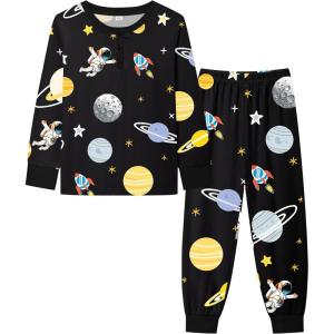 SWOMOG Girls Pajama Set Short Sleeve Tops & Ruffled Shorts with Pocket 2 Piece Summer Pajamas for Kids Size 6-15(Black Astronauts)