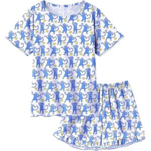 SWOMOG Girls Pajama Set Short Sleeve Tops & Ruffled Shorts with Pocket 2 Piece Summer Pajamas for Kids Size 6-15(Blue Monkey)