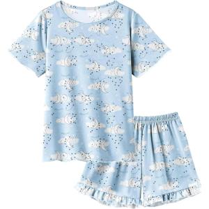 SWOMOG Girls Pajama Set Short Sleeve Tops & Ruffled Shorts with Pocket 2 Piece Summer Pajamas for Kids Size 6-15(Blue Moon Cloud)