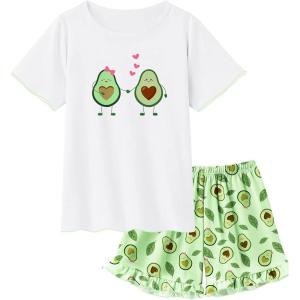 SWOMOG Girls Pajama Set Short Sleeve Tops & Ruffled Shorts with Pocket 2 Piece Summer Pajamas for Kids Size 6-15(Love Avocado)