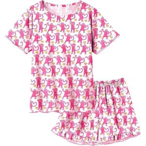 SWOMOG Girls Pajama Set Short Sleeve Tops & Ruffled Shorts with Pocket 2 Piece Summer Pajamas for Kids Size 6-15(Pink Monkey)