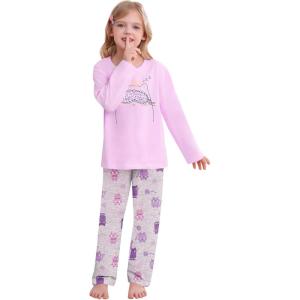 SWOMOG Girls Pajama Set Short Sleeve Tops & Ruffled Shorts with Pocket 2 Piece Summer Pajamas for Kids Size 6-15(Purple Kittten)