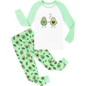 SWOMOG Girls Pajama Set Short Sleeve Tops & Ruffled Shorts with Pocket 2 Piece Summer Pajamas for Kids Size 6-15(Raglan Sleeves-green Love Avocado)