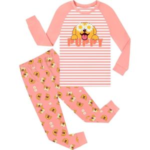 SWOMOG Girls Pajama Set Short Sleeve Tops & Ruffled Shorts with Pocket 2 Piece Summer Pajamas for Kids Size 6-15(Raglan Sleeves-orange Dog)