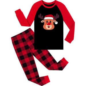 SWOMOG Girls Pajama Set Short Sleeve Tops & Ruffled Shorts with Pocket 2 Piece Summer Pajamas for Kids Size 6-15(Raglan Sleeves-red Checkered Elk)