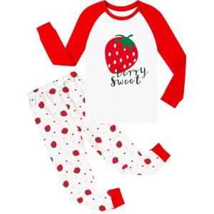 SWOMOG Girls Pajama Set Short Sleeve Tops & Ruffled Shorts with Pocket 2 Piece Summer Pajamas for Kids Size 6-15(Raglan Sleeves-red Strawberry)