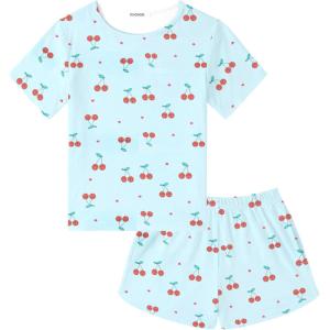 SWOMOG Girls Pajama Set Short Sleeve Tops & Ruffled Shorts with Pocket 2 Piece Summer Pajamas for Kids Size 6-15(Short Sleeve-blue Cherry)