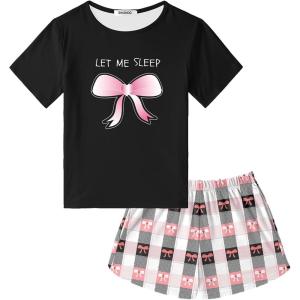 SWOMOG Girls Pajama Set Short Sleeve Tops & Ruffled Shorts with Pocket 2 Piece Summer Pajamas for Kids Size 6-15(Short Sleeve-bow Plaid)