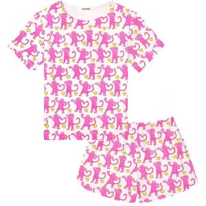 SWOMOG Girls Pajama Set Short Sleeve Tops & Ruffled Shorts with Pocket 2 Piece Summer Pajamas for Kids Size 6-15(Short Sleeve-pink Monkey)