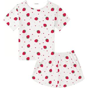 SWOMOG Girls Pajama Set Short Sleeve Tops & Ruffled Shorts with Pocket 2 Piece Summer Pajamas for Kids Size 6-15(Short Sleeve-white Little Strawberry)