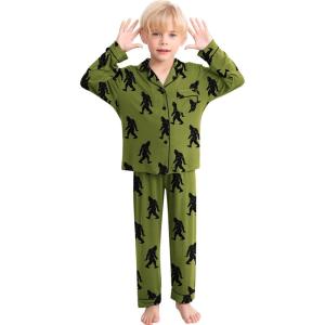 SWOMOG Girls Pajamas Set Kids Button Down Cute Print Pjs Sets Pant 2 Piece Soft Long Sleeve Sleepwear Loungewear(Army Green Bigfoot)