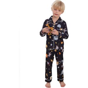 SWOMOG Girls Pajamas Set Kids Button Down Cute Print Pjs Sets Pant 2 Piece Soft Long Sleeve Sleepwear Loungewear(Black Astronauts)